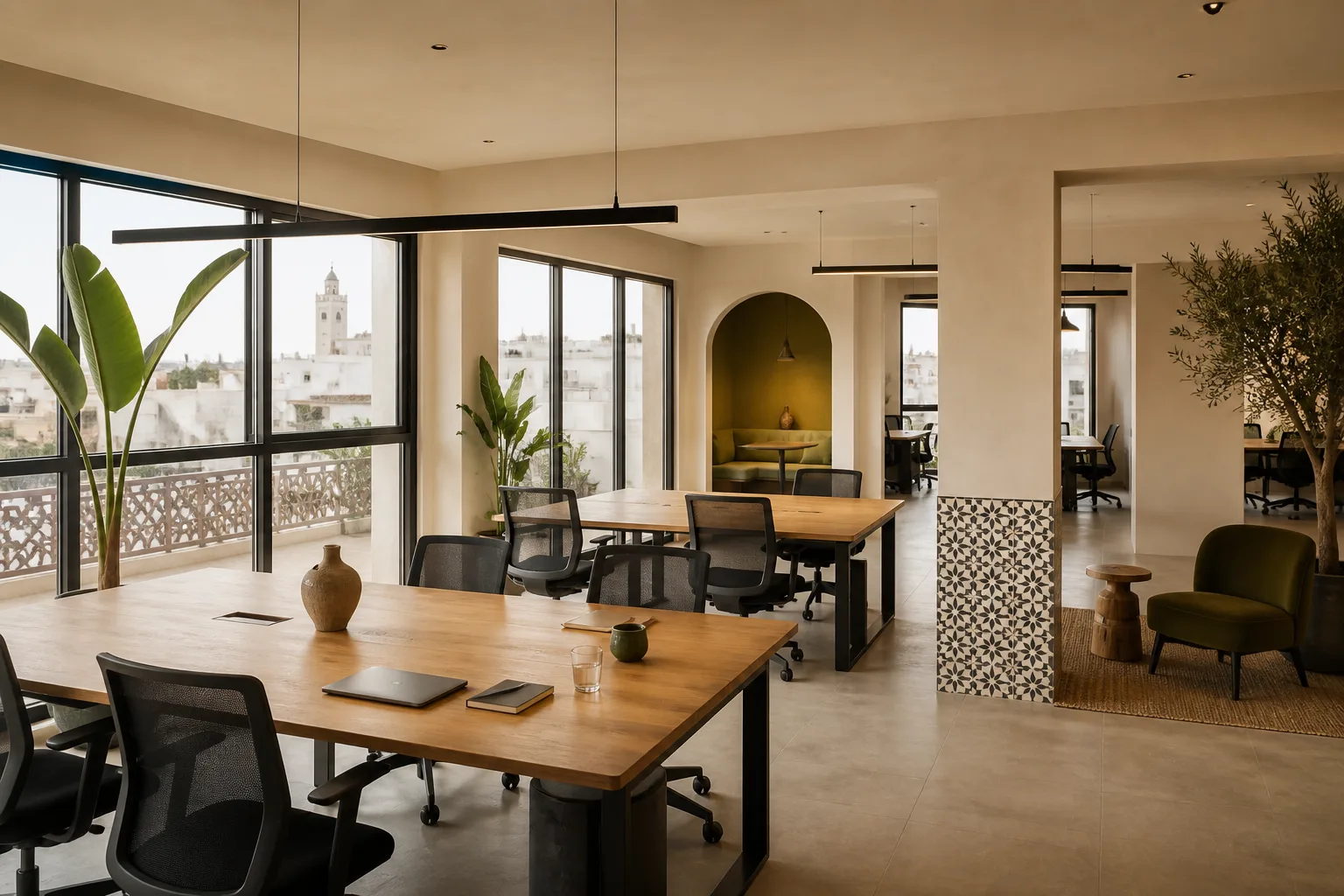 Intérieur chaleureux d’un espace de travail flexible